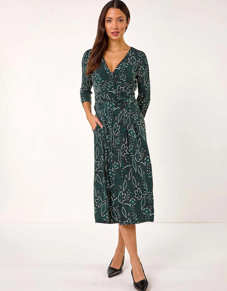 Paisley Print Wrap Midi Dress - Green