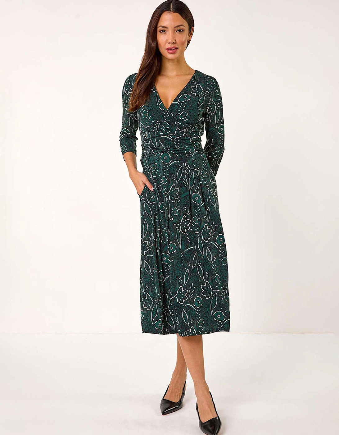 Paisley Print Wrap Midi Dress - Green, 2 of 1