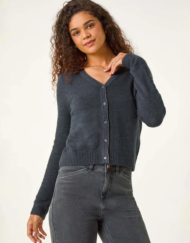 Shimmer V-neck Ribbed Cardigan - Grey