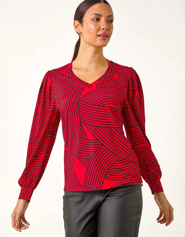 Geometric Print V-neck Stretch Top - Red