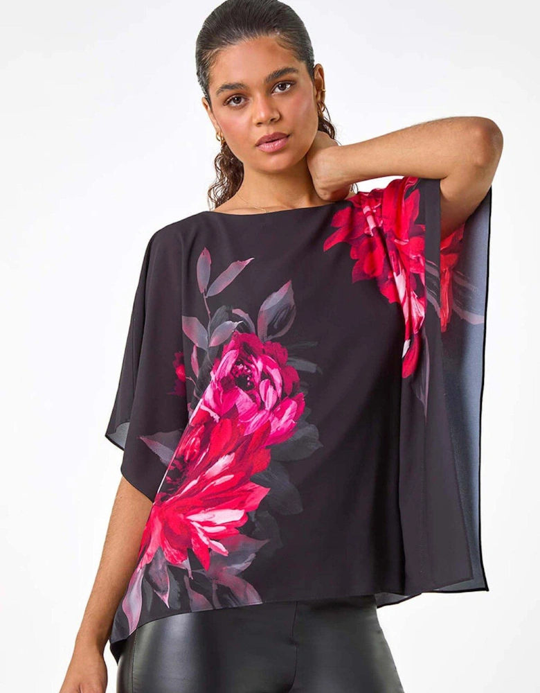 Floral Print Chiffon Overlay Top - Red