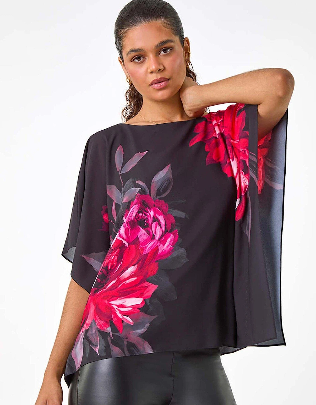 Floral Print Chiffon Overlay Top - Red, 2 of 1