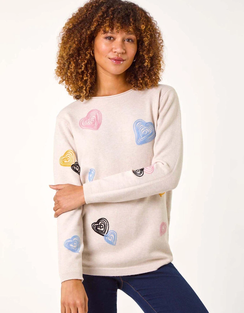 Heart Stitch Crew Neck Jumper - Beige