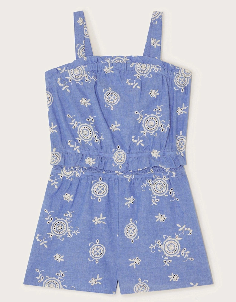 Girls Strappy Broderie Chambray Playsuit - Blue