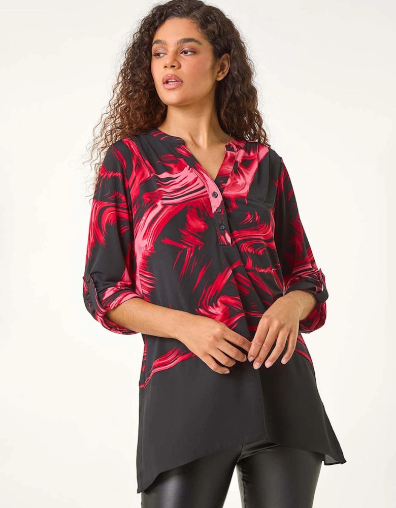 Brush Print Contrast Hem Shirt - Red