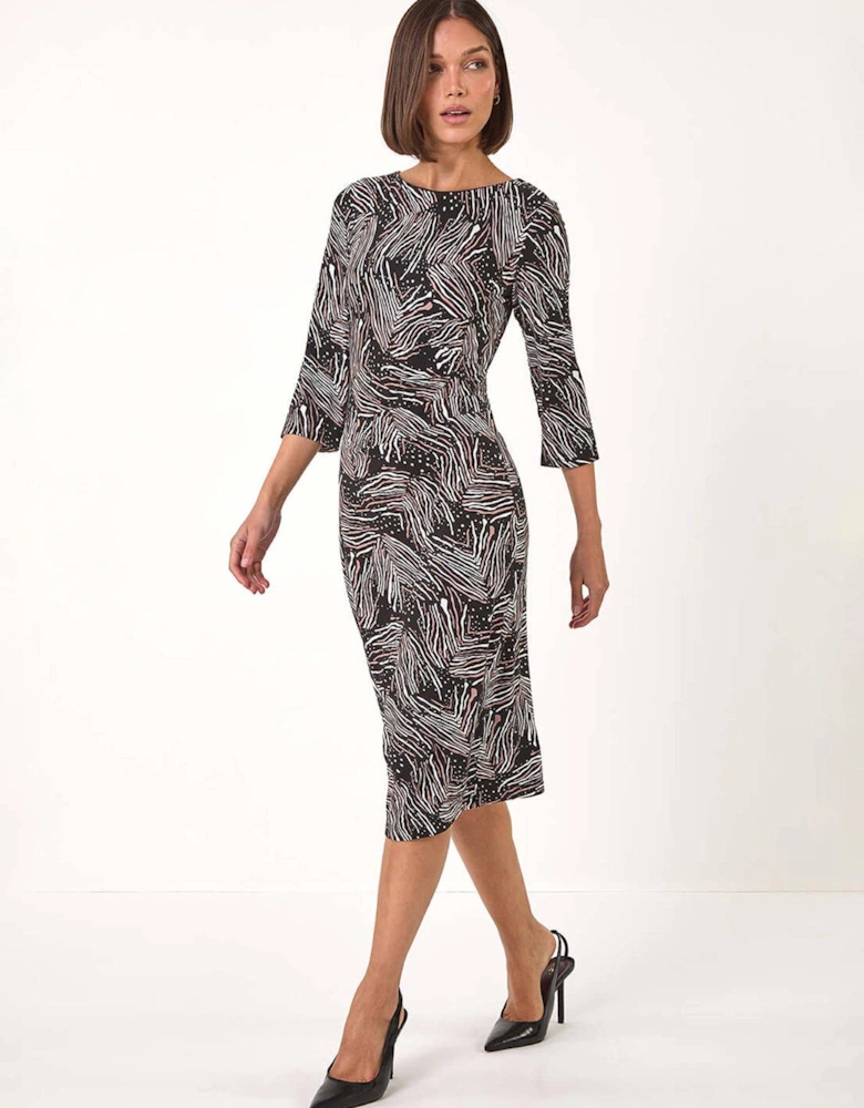 Abstract Print Ruched Stretch Dress - Brown