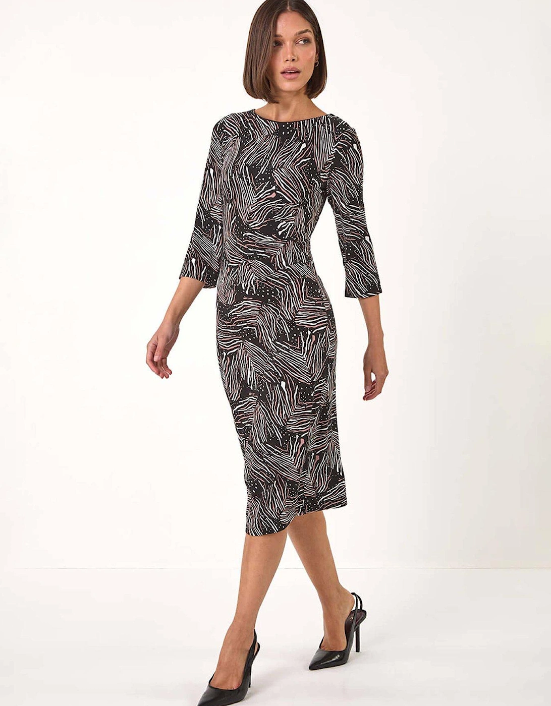 Abstract Print Ruched Stretch Dress - Brown, 2 of 1