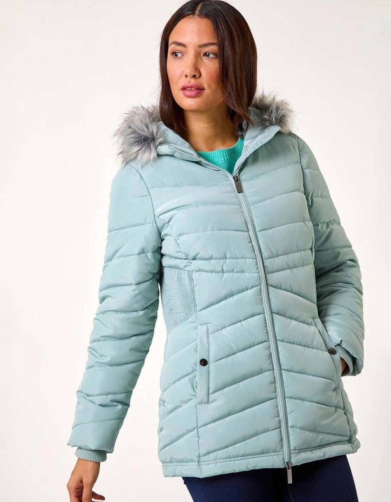 Faux Fur Hooded Quilt Coat - Green