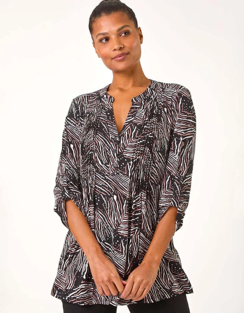 Linear Print Pintuck Pleat Shirt - Brown