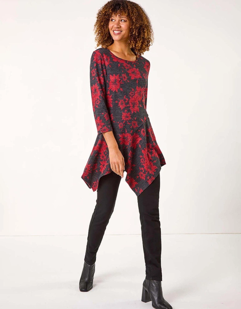 Floral Print Hanky Hem Tunic Top - Red