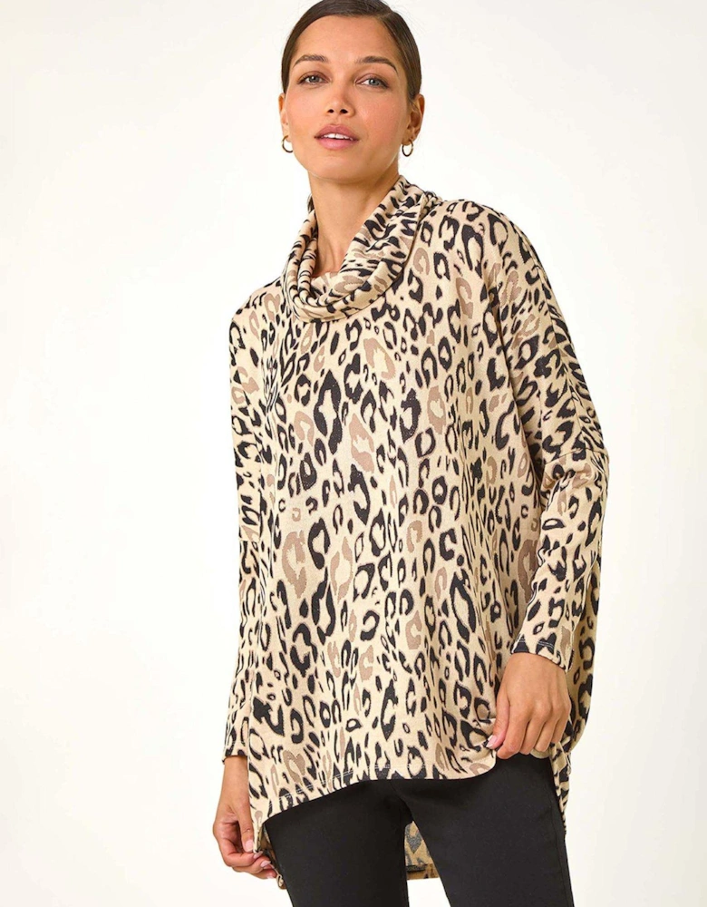 Animal Print Cowl Neck Tunic - Cream