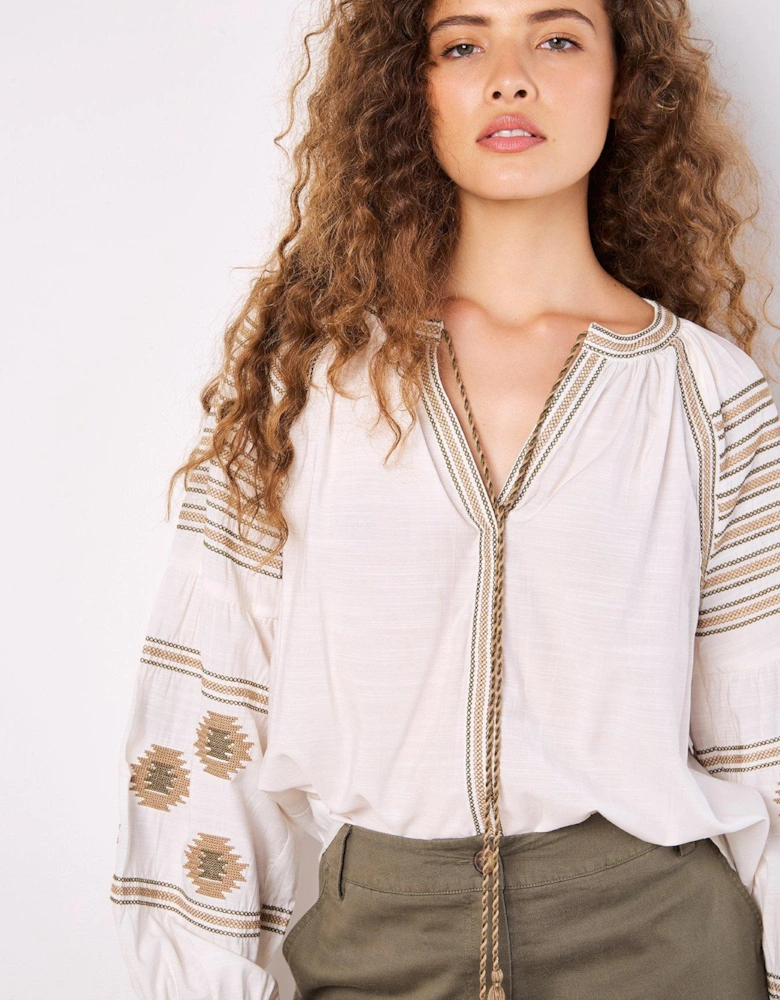 Tassel Embroidered Blouse - White