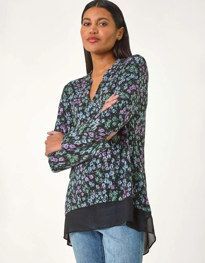 Floral Print V-neck Tunic Top - Black