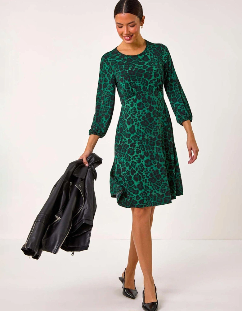 Animal Print A-line Gathered Dress - Green