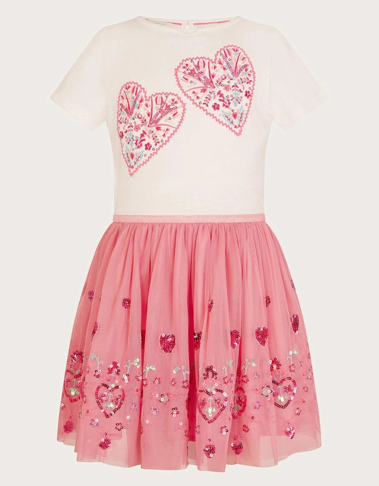 Girls Heart Embroidered Disco Dress - Pink