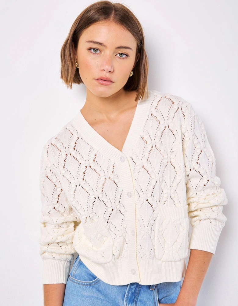 Pointelle Knitted Cardigan - White