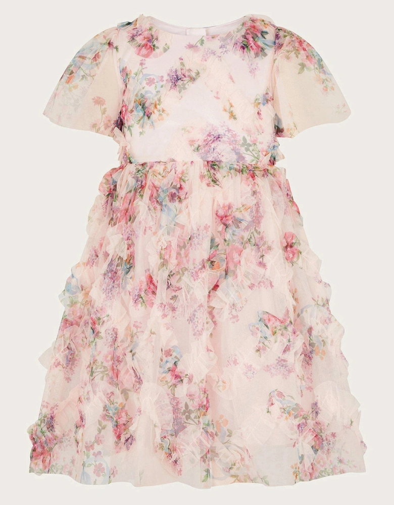 Girls Roma Print Floral Ruffle Dress - Pink