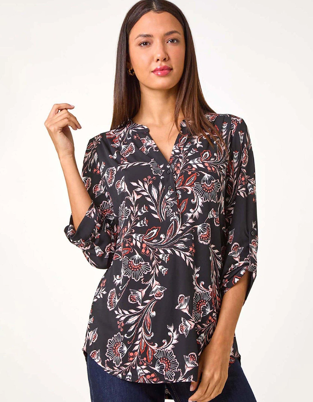 Floral Print Stretch Shirt - Orange, 2 of 1