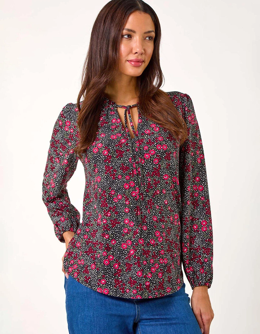 Floral Print Tie Neck Stretch Top - Pink, 2 of 1