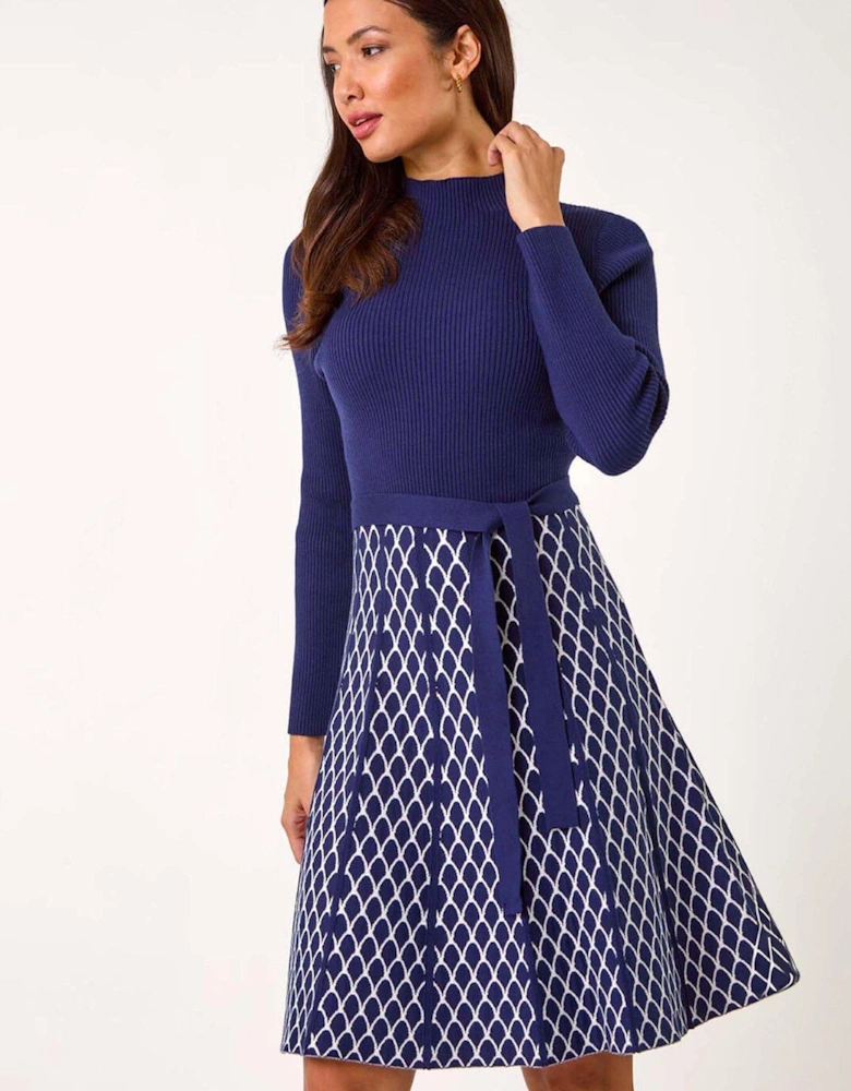 Contrast Skirt Ribbed Jumper Dress - Navy