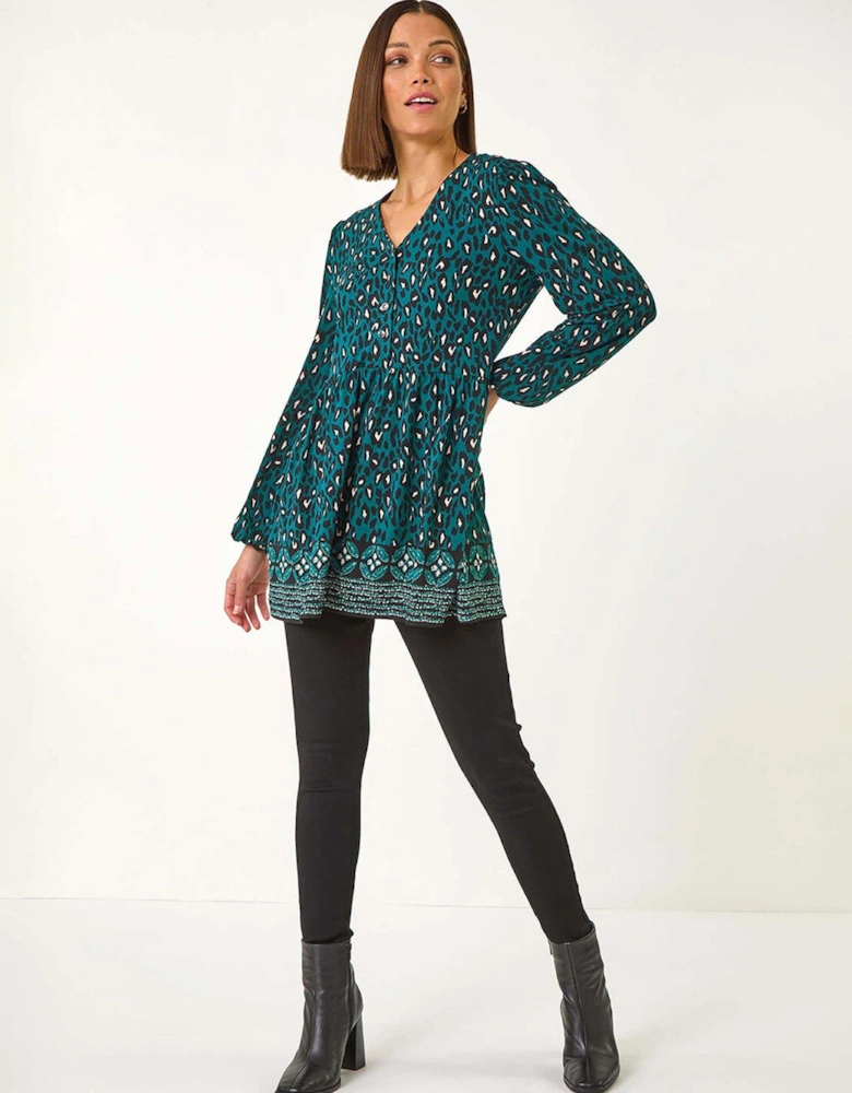 Abstract Printed V-neck Tunic Top - Green