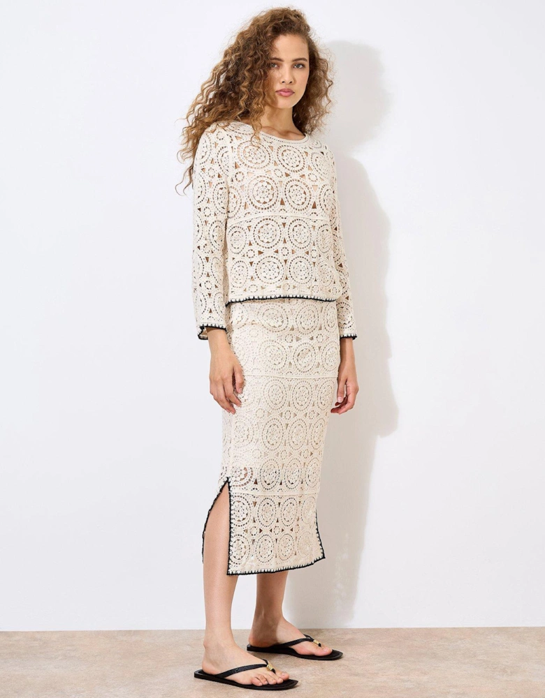 Circles Crochet Midi Skirt - Stone - Beige