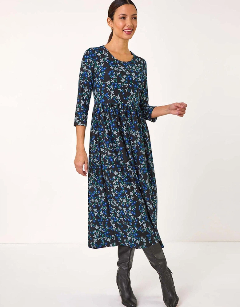 Gathered Waist Floral Midi Dress - Blue