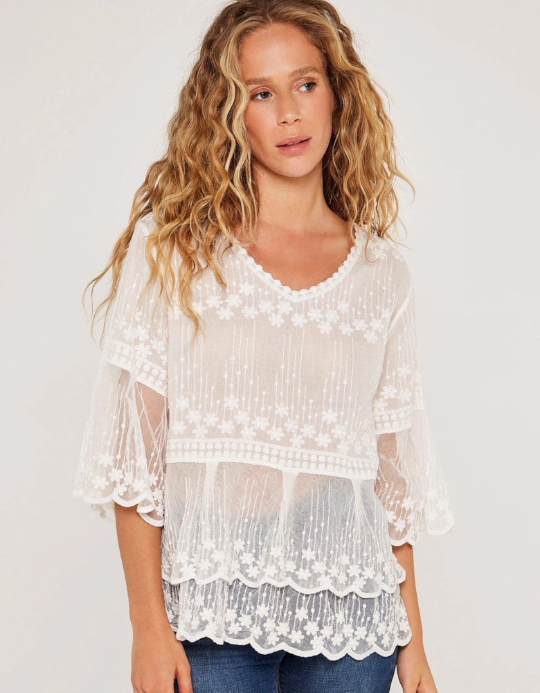 Embroidered Cotton Mesh Top - Cream