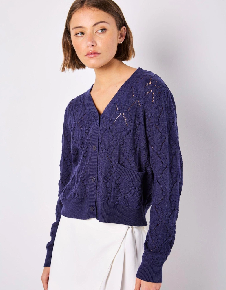 Pointelle Knitted Cardigan - Navy