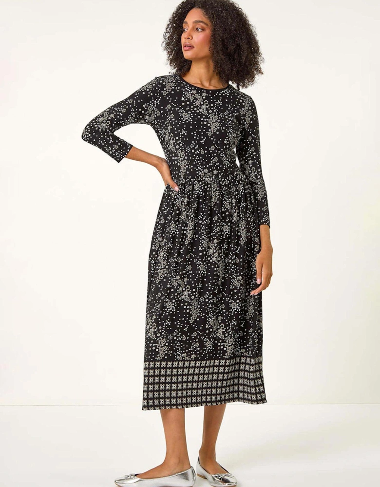 Floral Border Print Midi Dress - Black