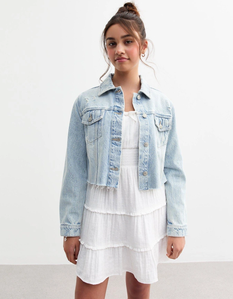 Girls Bright Blue Cropped Distressed Denim Jacket