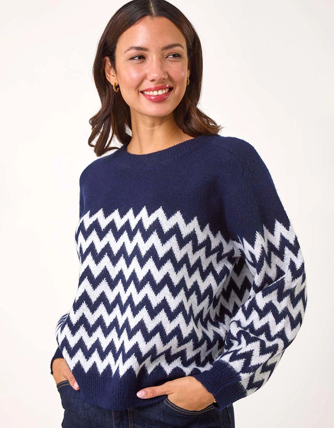 Zig Zag Knitted Jumper - Navy, 2 of 1