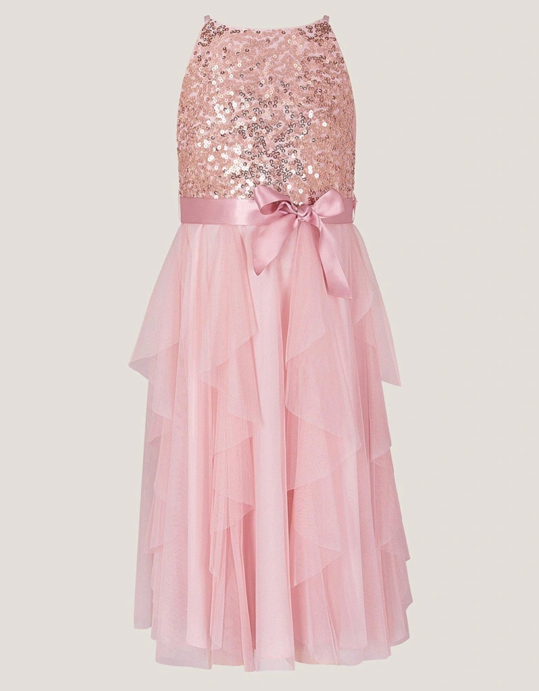 Girls Sequin Waterfall Tulle Dress - Pink