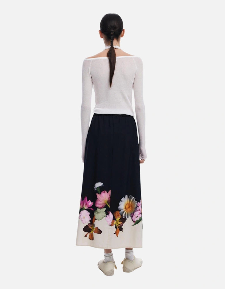 Floral Pattern Cotton Skirt Women - Black