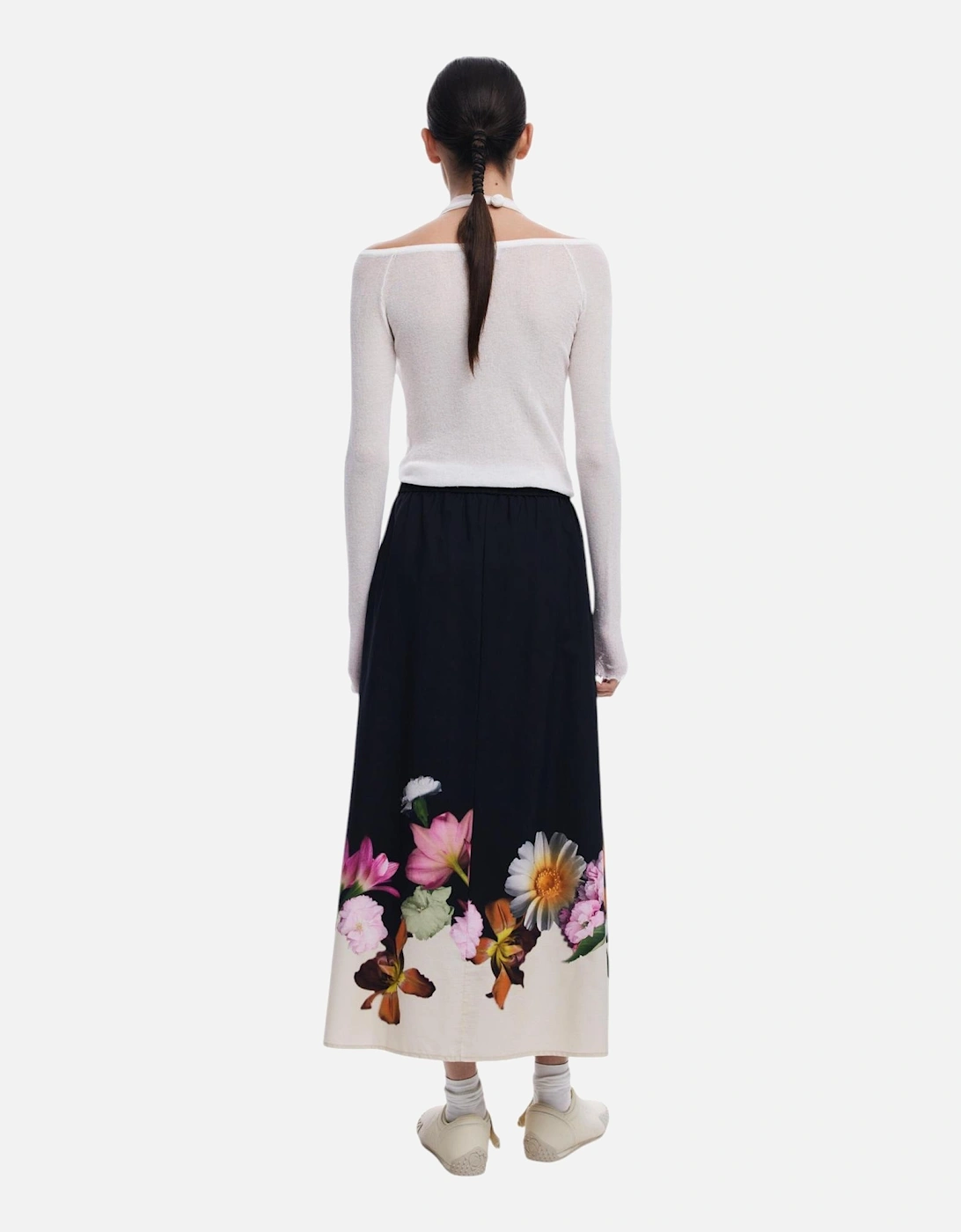 Floral Pattern Cotton Skirt Women - Black
