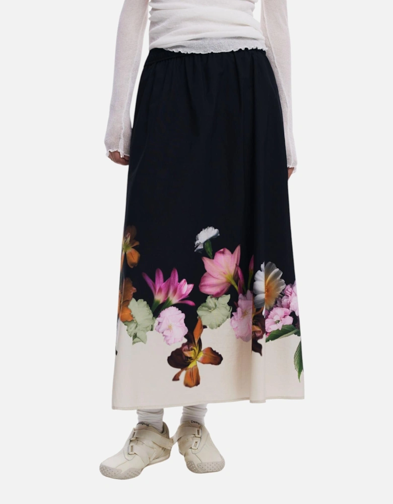 Floral Pattern Cotton Skirt Women - Black