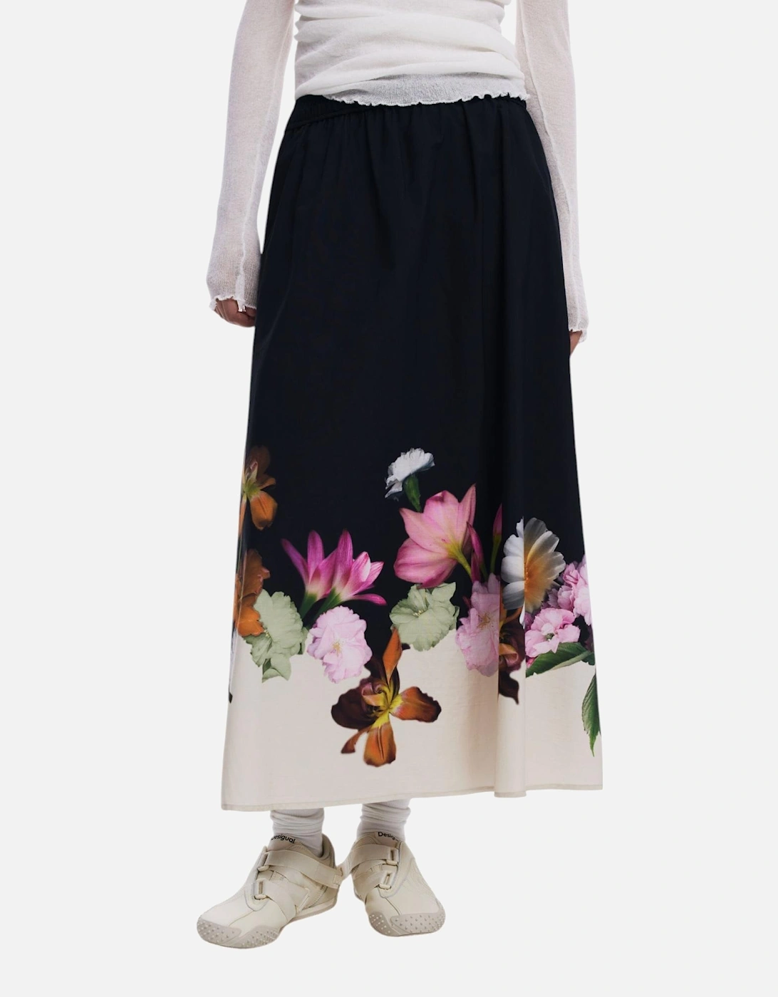 Floral Pattern Cotton Skirt Women - Black