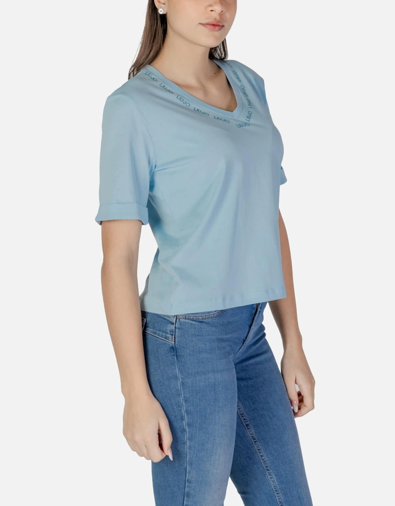 V-neck Plain Cotton Short Sleeve T-shirt Women - Blue Shirts