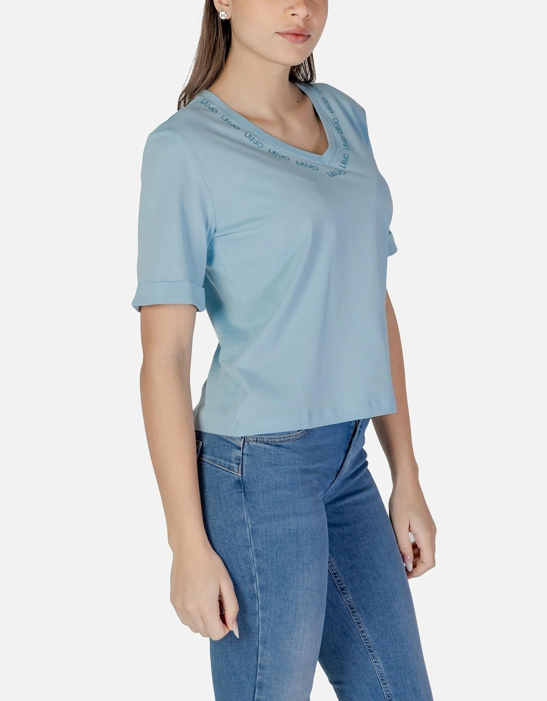 V-neck Plain Cotton Short Sleeve T-shirt Women - Blue Shirts