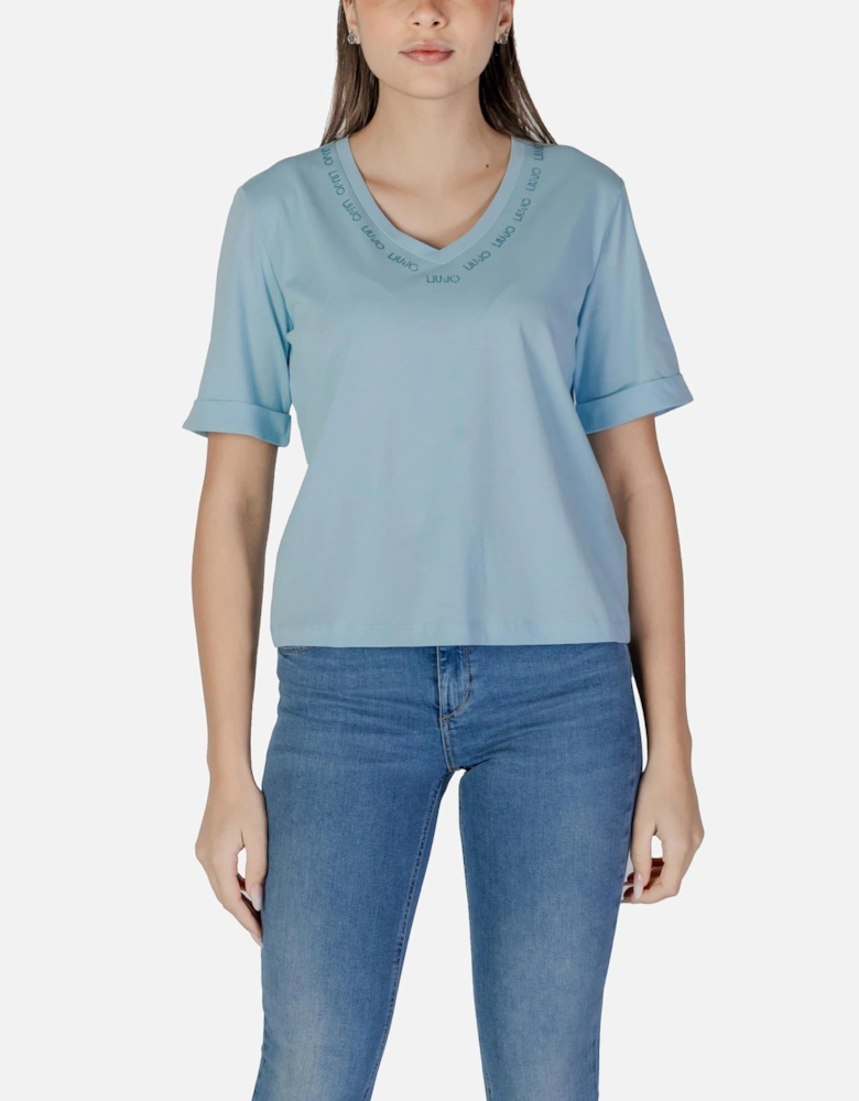 V-neck Plain Cotton Short Sleeve T-shirt Women - Blue Shirts