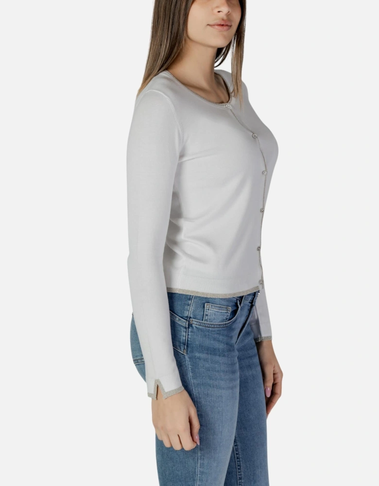 Round Neck Buttoned Long Sleeve Cardigan Women - White