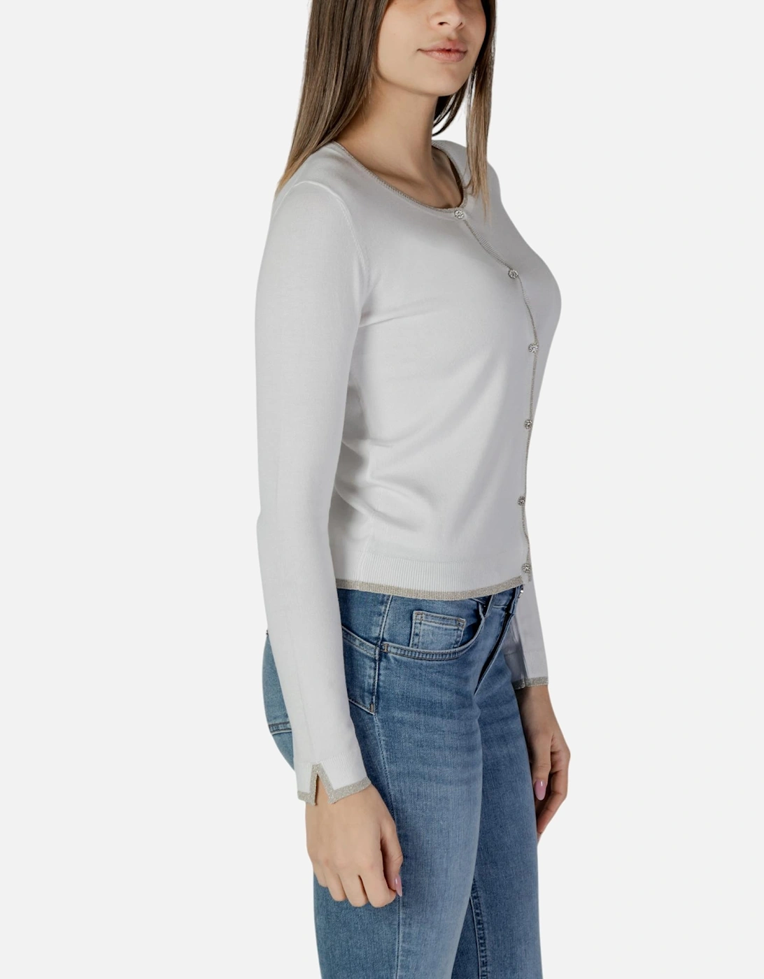 Round Neck Buttoned Long Sleeve Cardigan Women - White