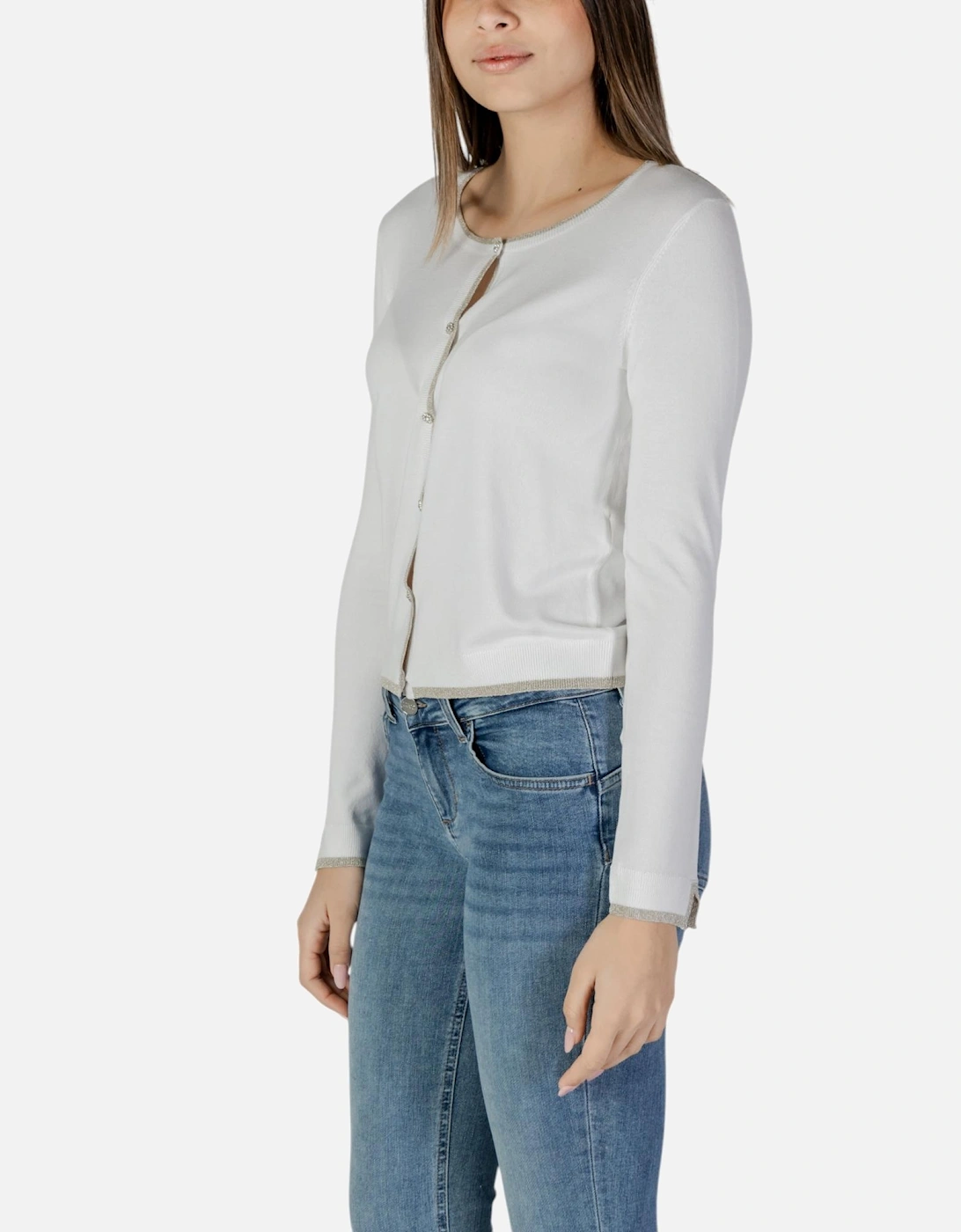 Round Neck Buttoned Long Sleeve Cardigan Women - White