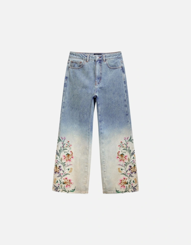 Floral Pattern Zip Button Jeans Women - Blue