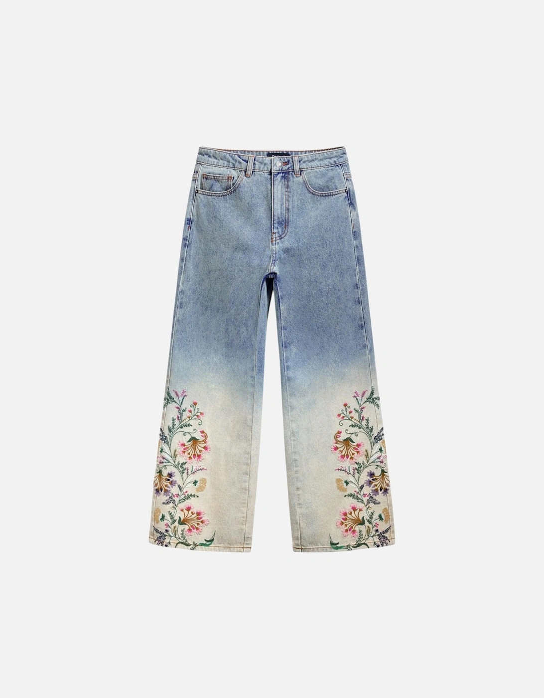 Floral Pattern Zip Button Jeans Women - Blue