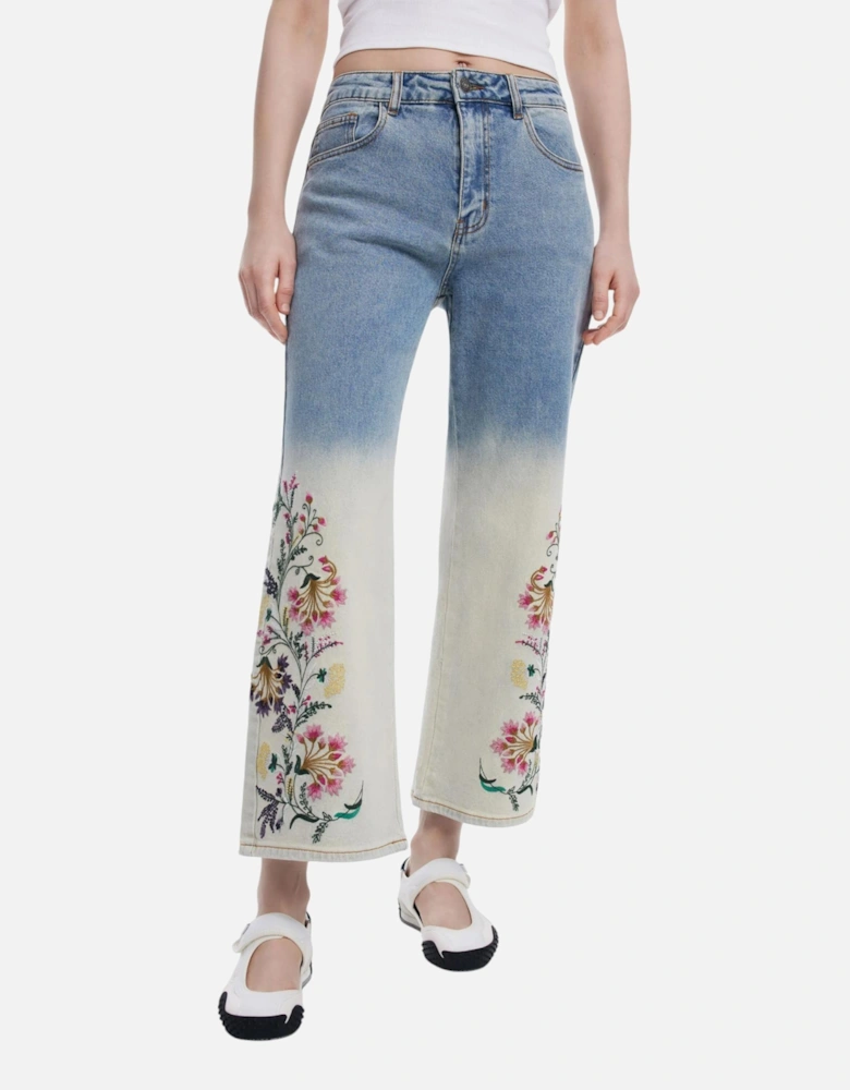 Floral Pattern Zip Button Jeans Women - Blue