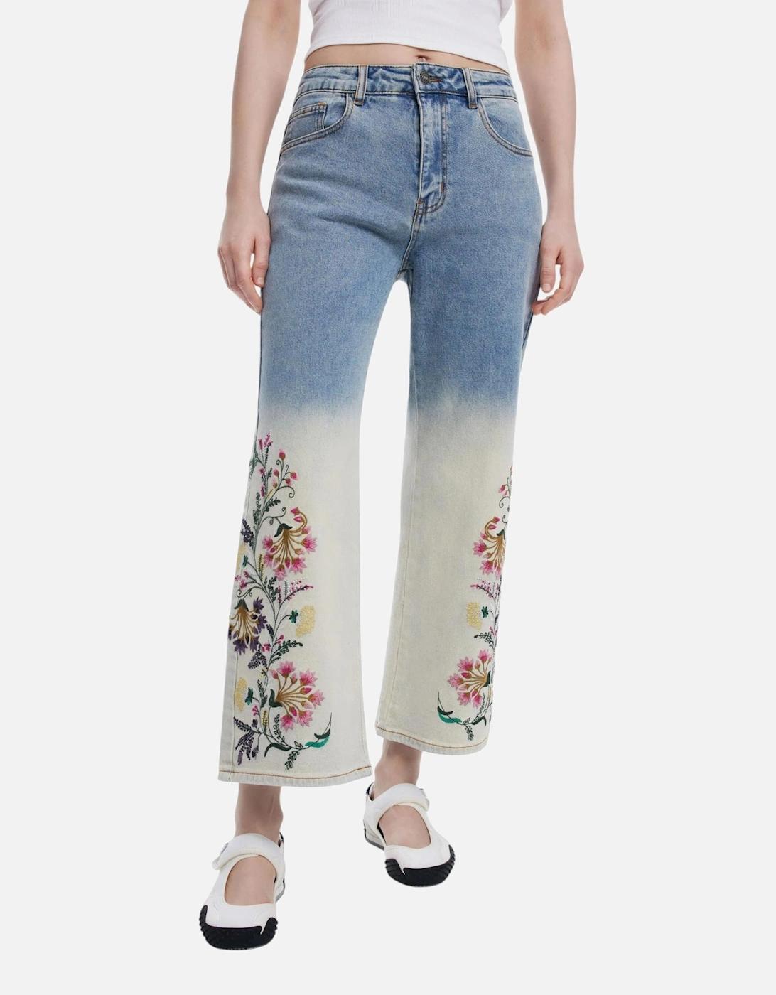 Floral Pattern Zip Button Jeans Women - Blue, 4 of 3