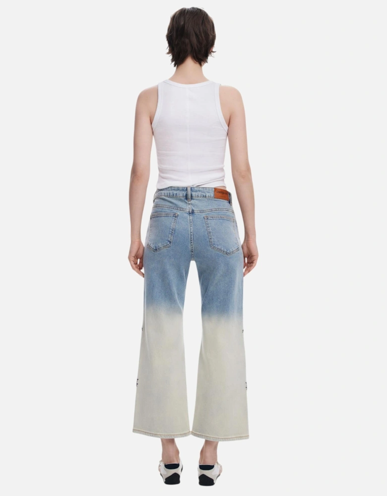 Floral Pattern Zip Button Jeans Women - Blue