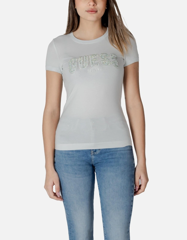 Round Neck Short Sleeve Cotton-Blend T-Shirt Women - Light Blue Shirts