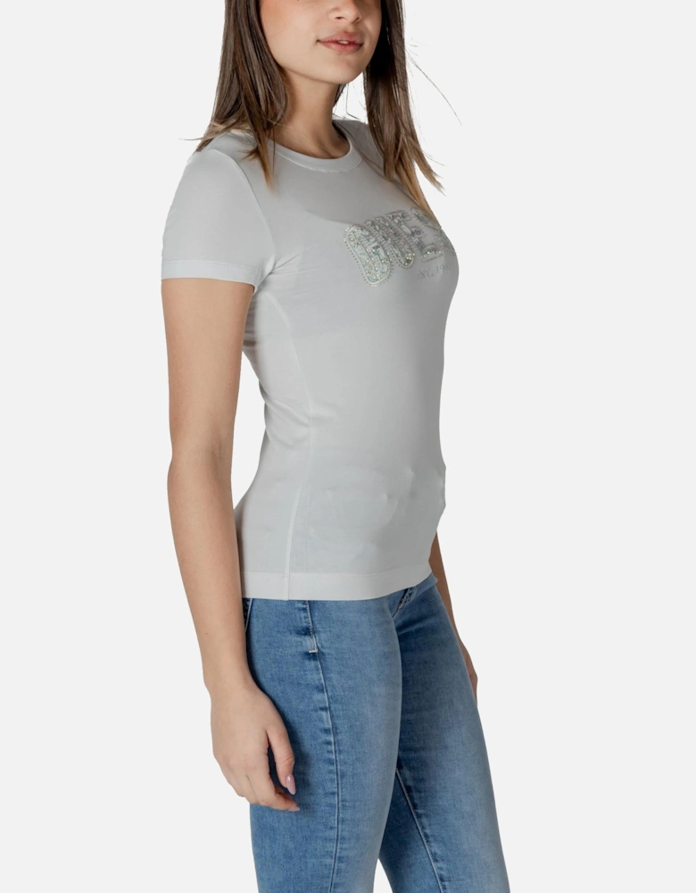 Round Neck Short Sleeve Cotton-Blend T-Shirt Women - Light Blue Shirts